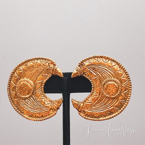 Vintage Jewelry - Vintage Gold Tribal Moon Plate Large Drop Earrings